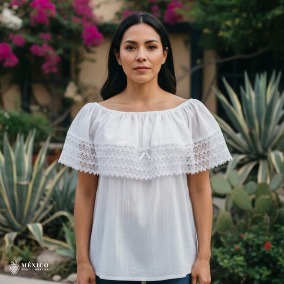 White Mexican Blouse with Lace Trim – Lightweight Chiffon-Style Top for Women - Picture 1 of 4